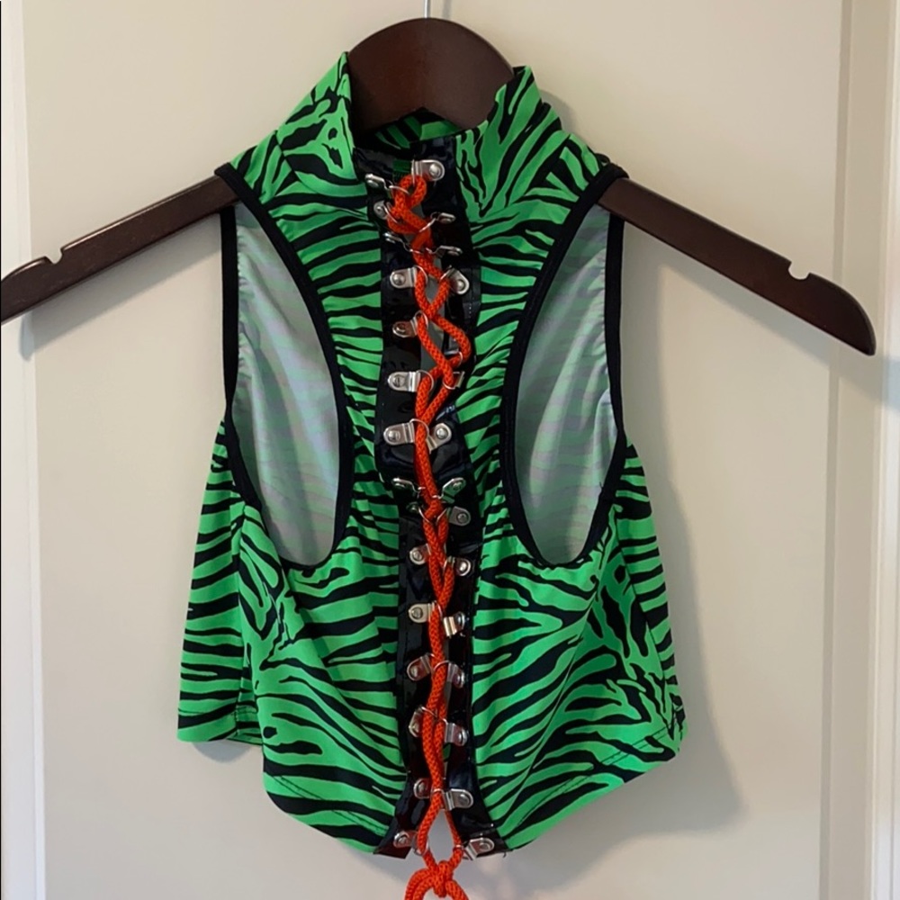 Club Exx neon green + black zebra print crop top